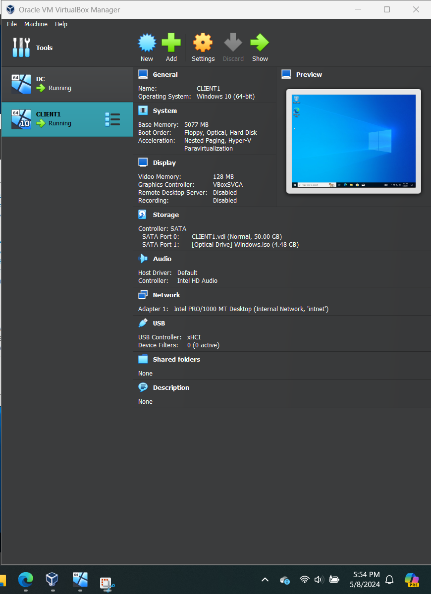 VM menu showing DC and Client